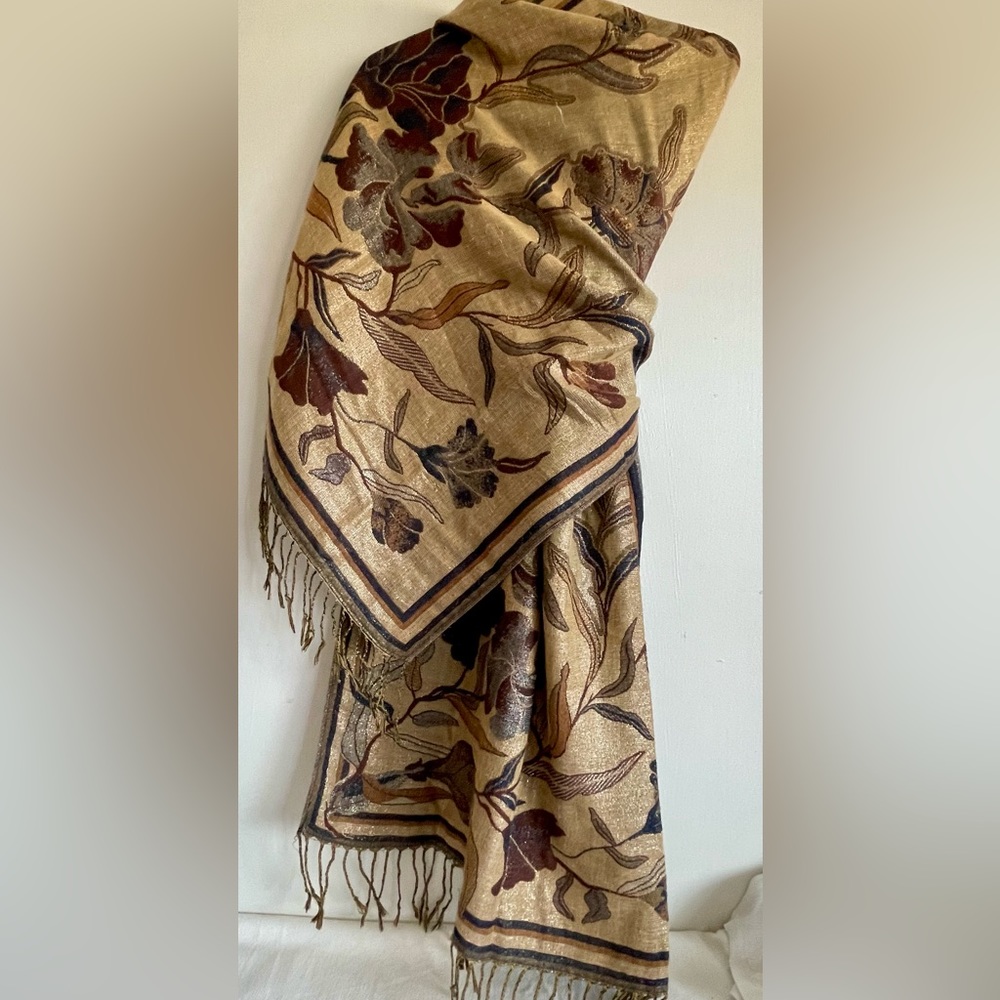 Pashmina style scarf/ wrap. Navy and gold with floral and butterfly motif.